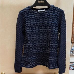 Tory Burch Navy Wave Pattern Long Sleeve Top